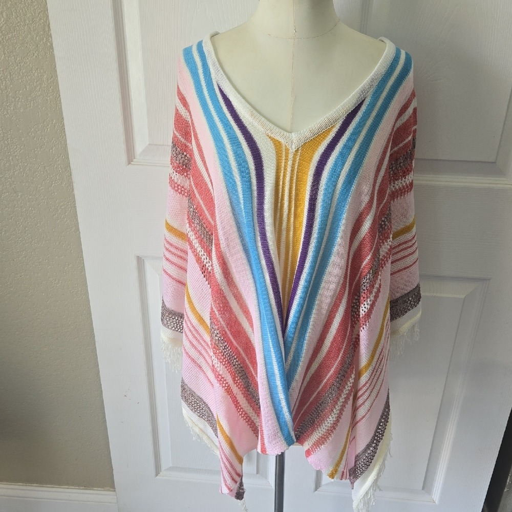 CUPSHE Multi Color Striped‎ Knit V-Neck Fringe Poncho Cover Up FC40196M
